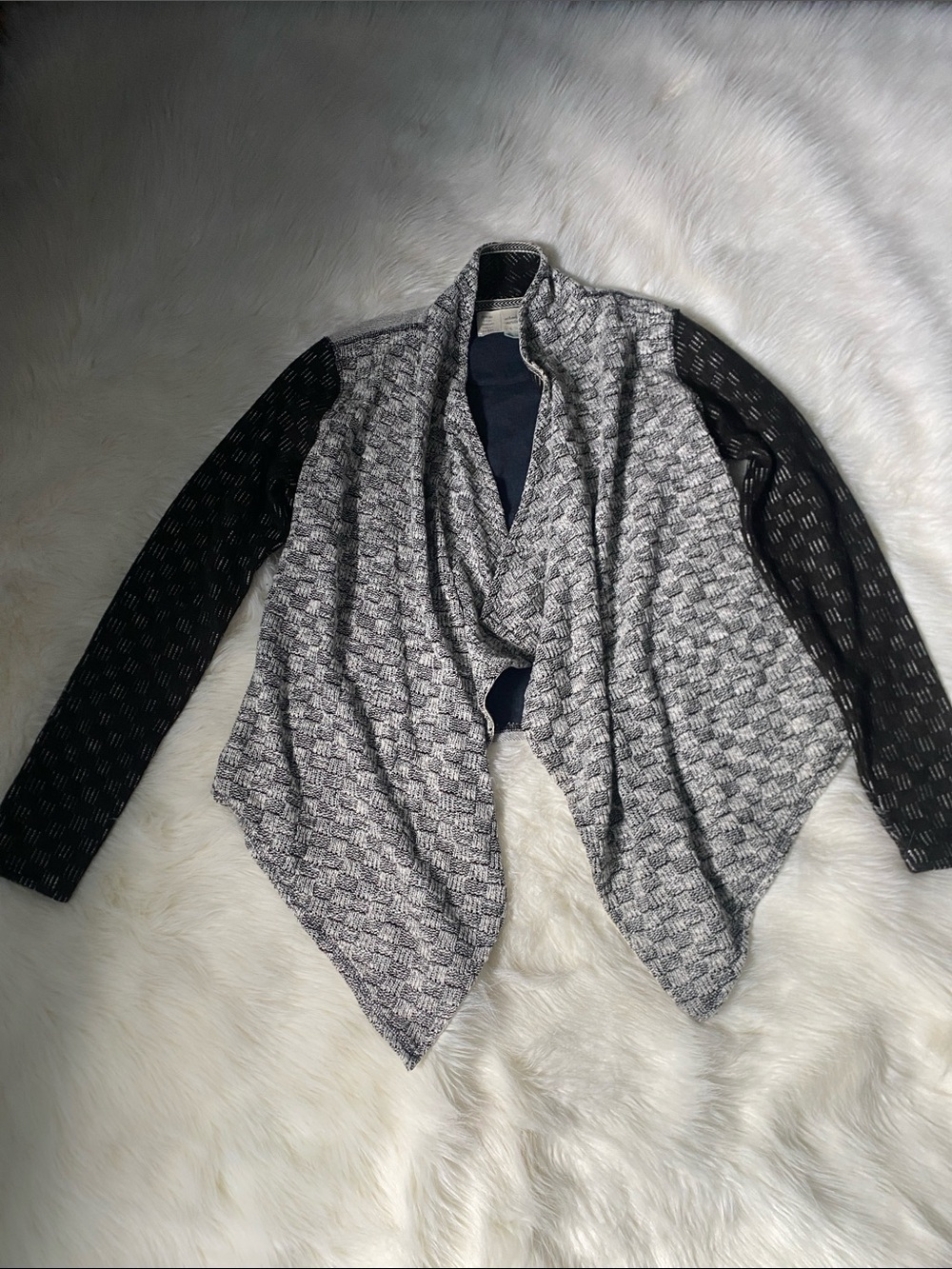 Anthropologie Gray Draped Open-Front Cardigan with Black Sleeves